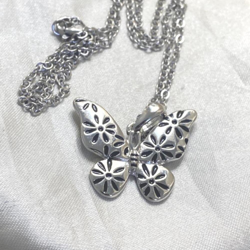 Silver Tone Butterfly Necklace Floral Etched Pendant Whimsical Nature Jewelry